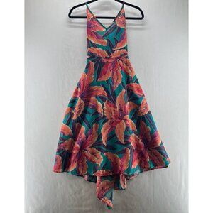 Blind Faith Dress Size S Floral Wrap Knee Length Backless Sleeveless Pink Green
